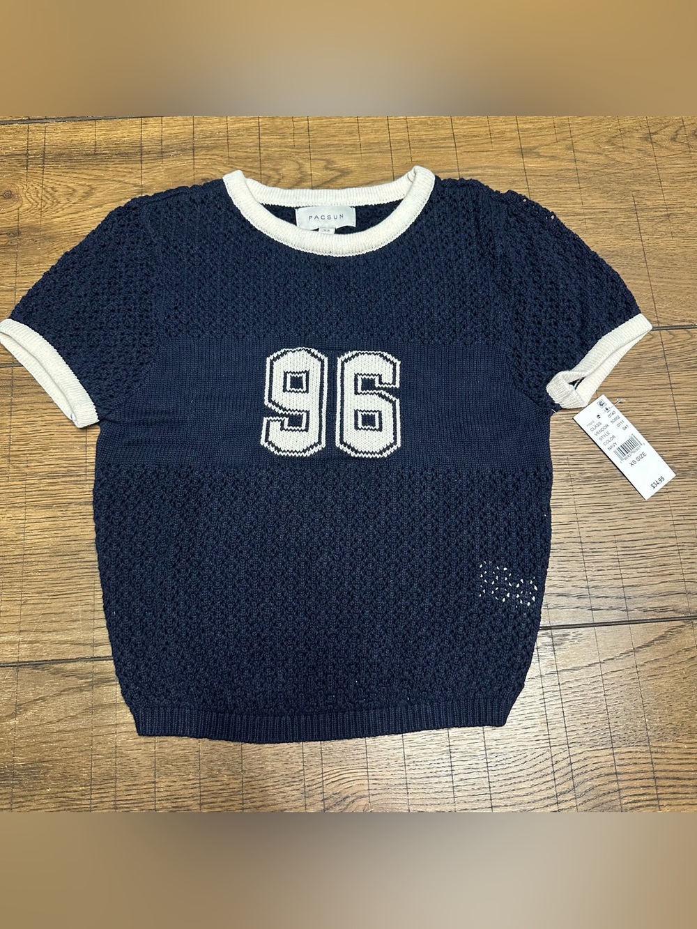 PacSun Navy and White Knit '96 Short Sleeve Sweater Tee